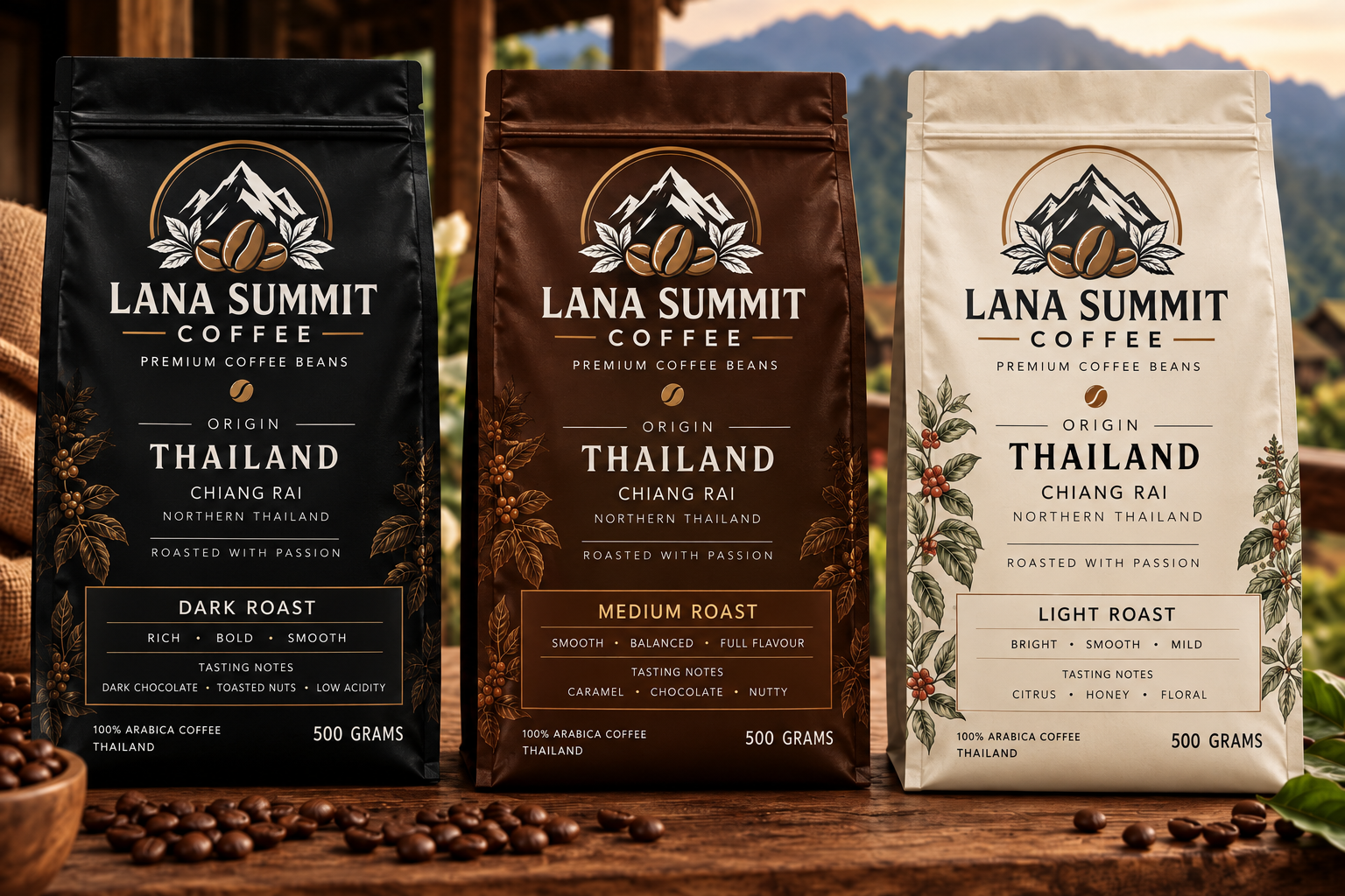 LANA SUMMIT dark, medium and light roast coffee bags on a wooden table overlooking the mountains