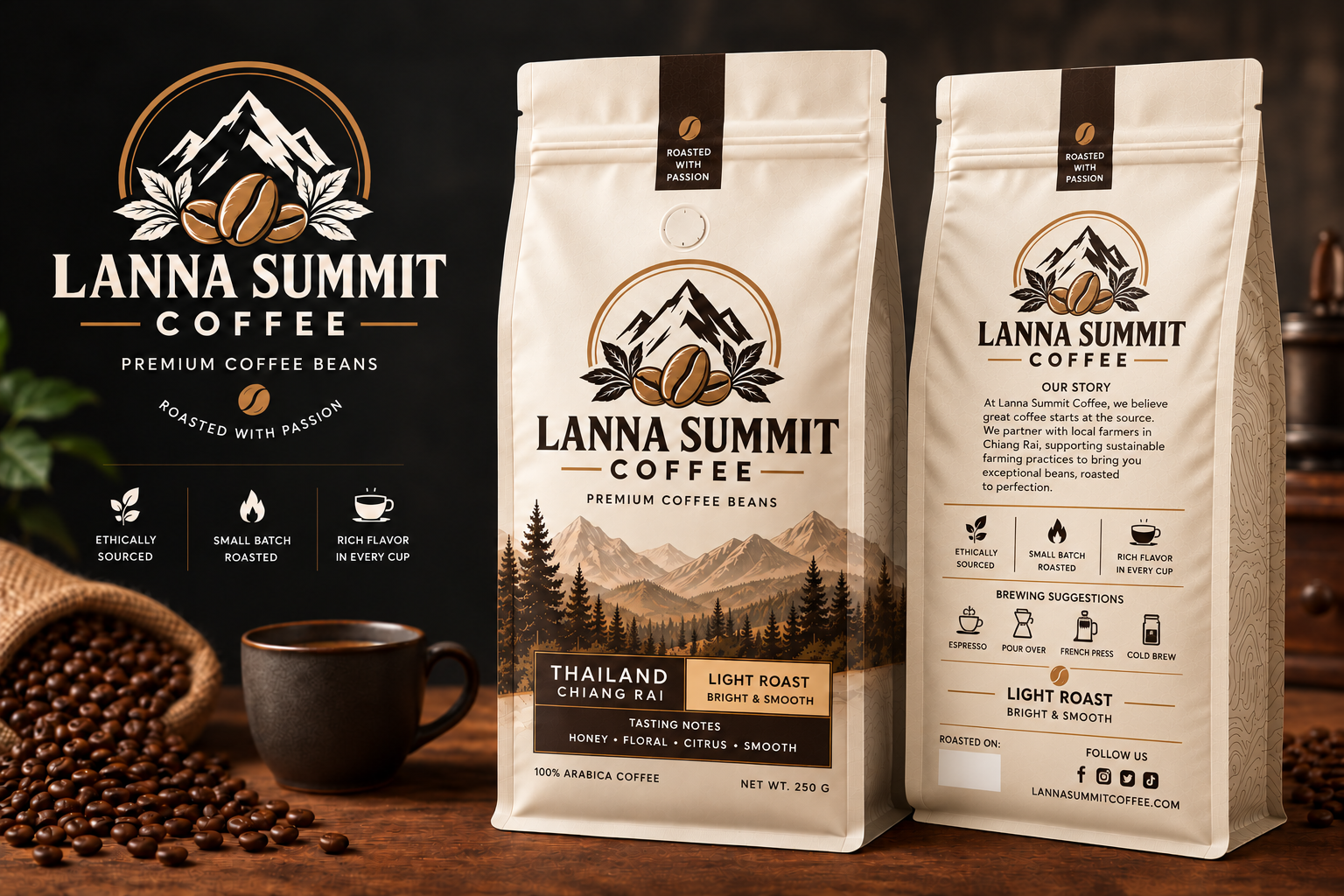 Lanna Summit branding with the cream 250 g Light Roast bag from Chiang Rai, Thailand, and a rear packaging view